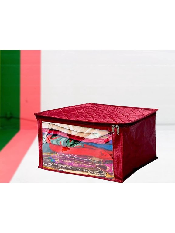 Satin Fabric Foldable Garments Saree Blouse Cover Bag Pouch Closet Wardrobe Organizer With Clear Window Zipper Lock Pack of 1 (Maroon)