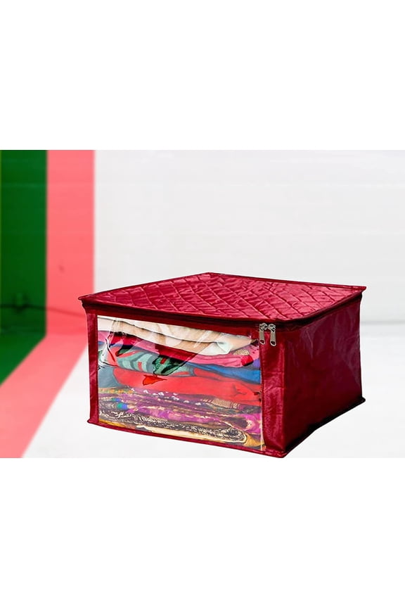 Satin Fabric Foldable Garments Saree Blouse Cover Bag Pouch Closet Wardrobe Organizer With Clear Window Zipper Lock Pack of 1 (Maroon)