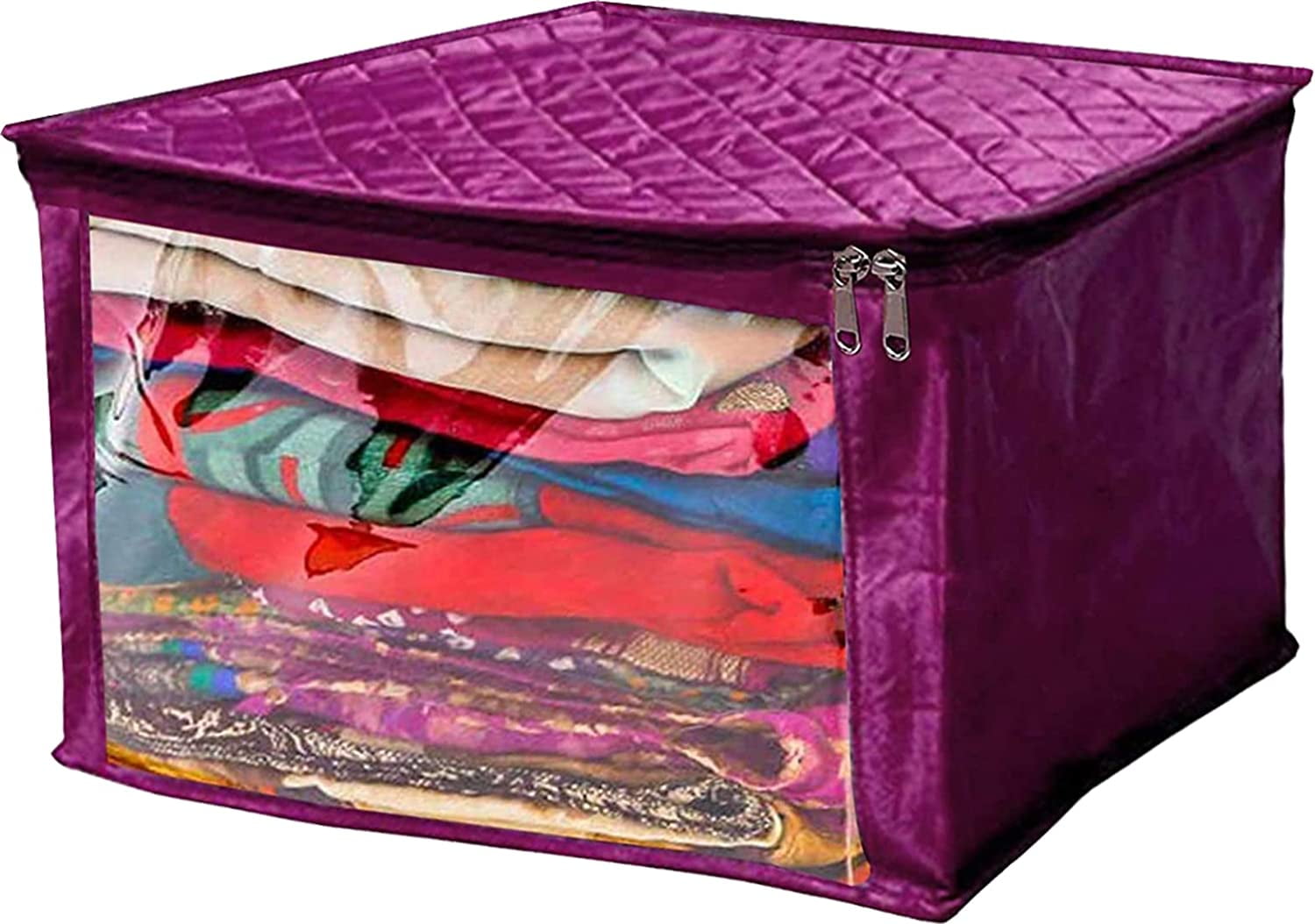 atorakushon Satin Fabric Foldable Garments Saree Blouse Cover Bag Pouch Closet Wardrobe Organizer With Clear Window Zipper Lock Pack of 1 (Purple)