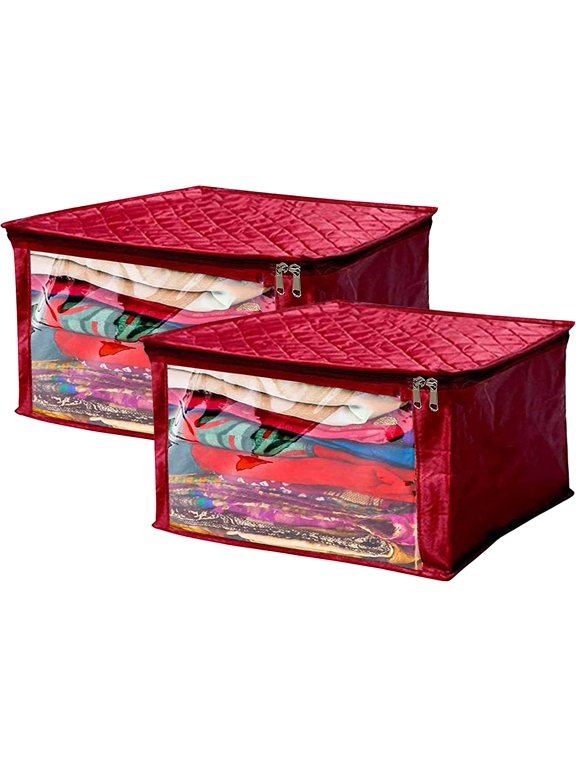 Satin Fabric Foldable Garments Saree Blouse Cover Bag Pouch Closet Wardrobe Organizer With Clear Window Zipper Lock Pack of 2 (Maroon)