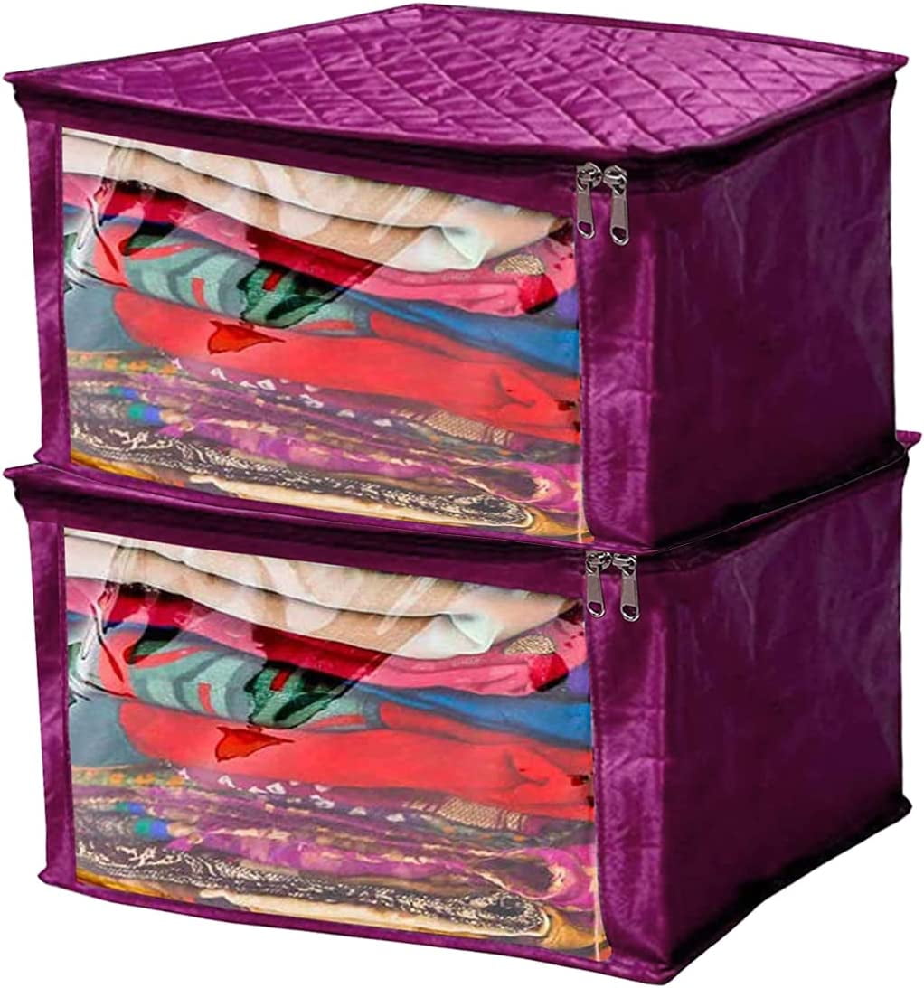 atorakushon Satin Fabric Foldable Garments Saree Blouse Cover Bag Pouch Closet Wardrobe Organizer With Clear Window Zipper Lock Pack of 2 (Purple)