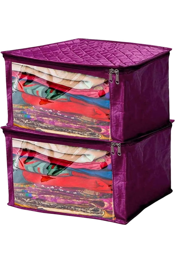 Satin Fabric Foldable Garments Saree Blouse Cover Bag Pouch Closet Wardrobe Organizer With Clear Window Zipper Lock Pack of 2 (Purple)