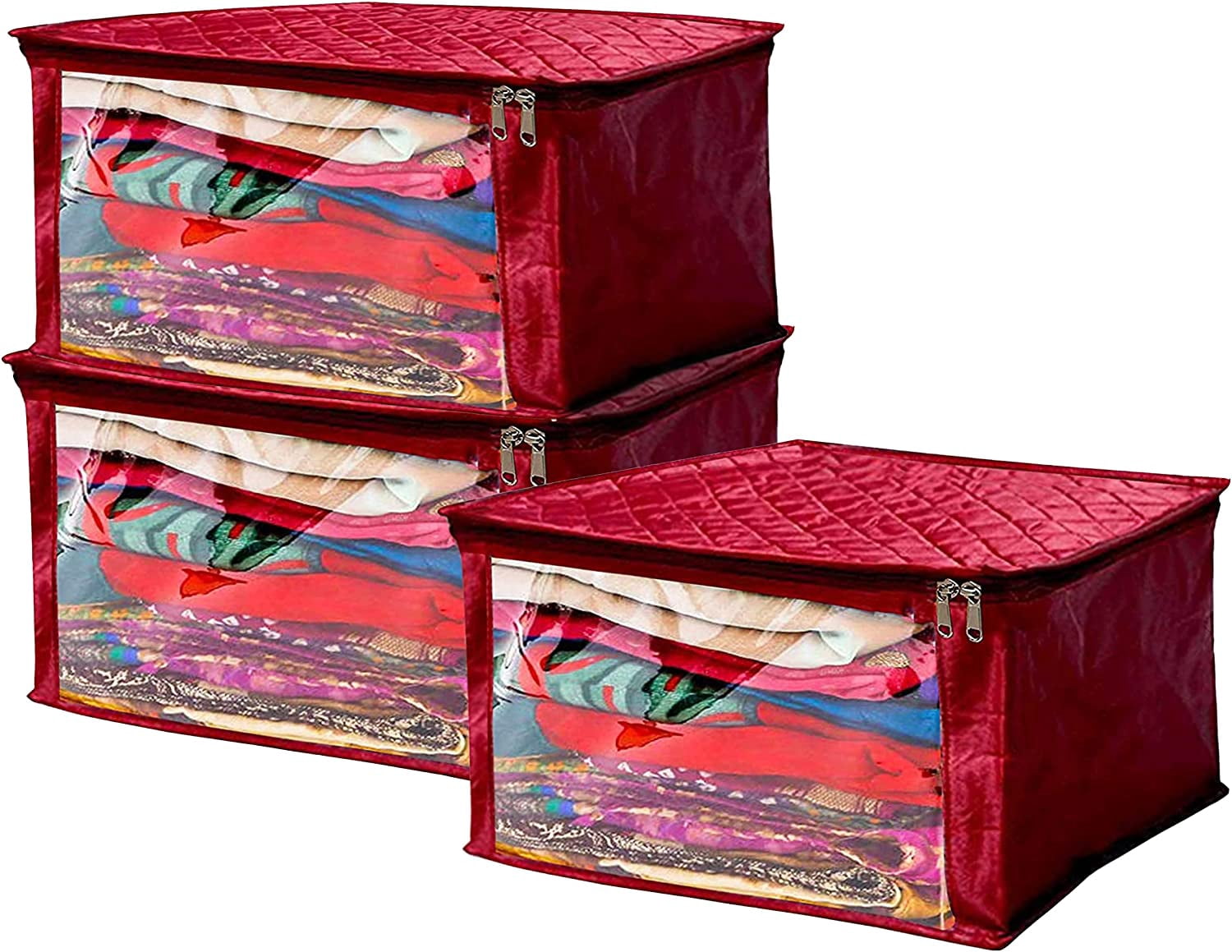 atorakushon Satin Fabric Foldable Garments Saree Blouse Cover Bag Pouch Closet Wardrobe Organizer With Clear Window Zipper Lock Pack of 3 (Maroon)