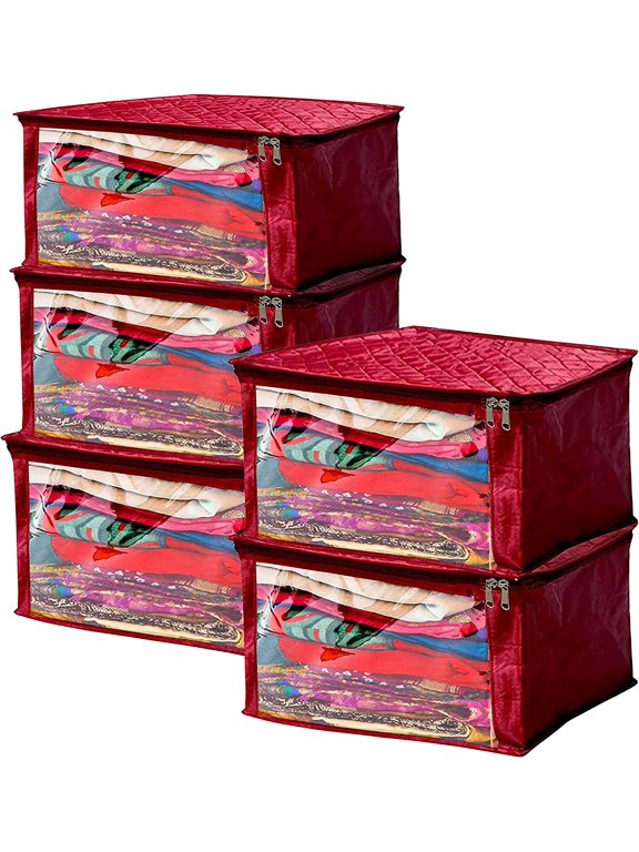 Satin Fabric Foldable Garments Saree Blouse Cover Bag Pouch Closet Wardrobe Organizer With Clear Window Zipper Lock Pack of 5 (Maroon)