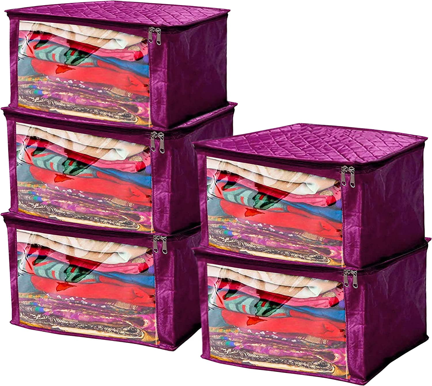 atorakushon Satin Fabric Foldable Garments Saree Blouse Cover Bag Pouch Closet Wardrobe Organizer With Clear Window Zipper Lock Pack of 5 (Purple)