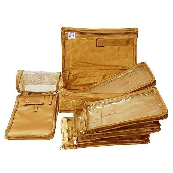 atorakushon Satin Makeup Pouches Cosmetic Necklace Earrings Vanity Jewellery Organizer Box Set For Women's (Golden)