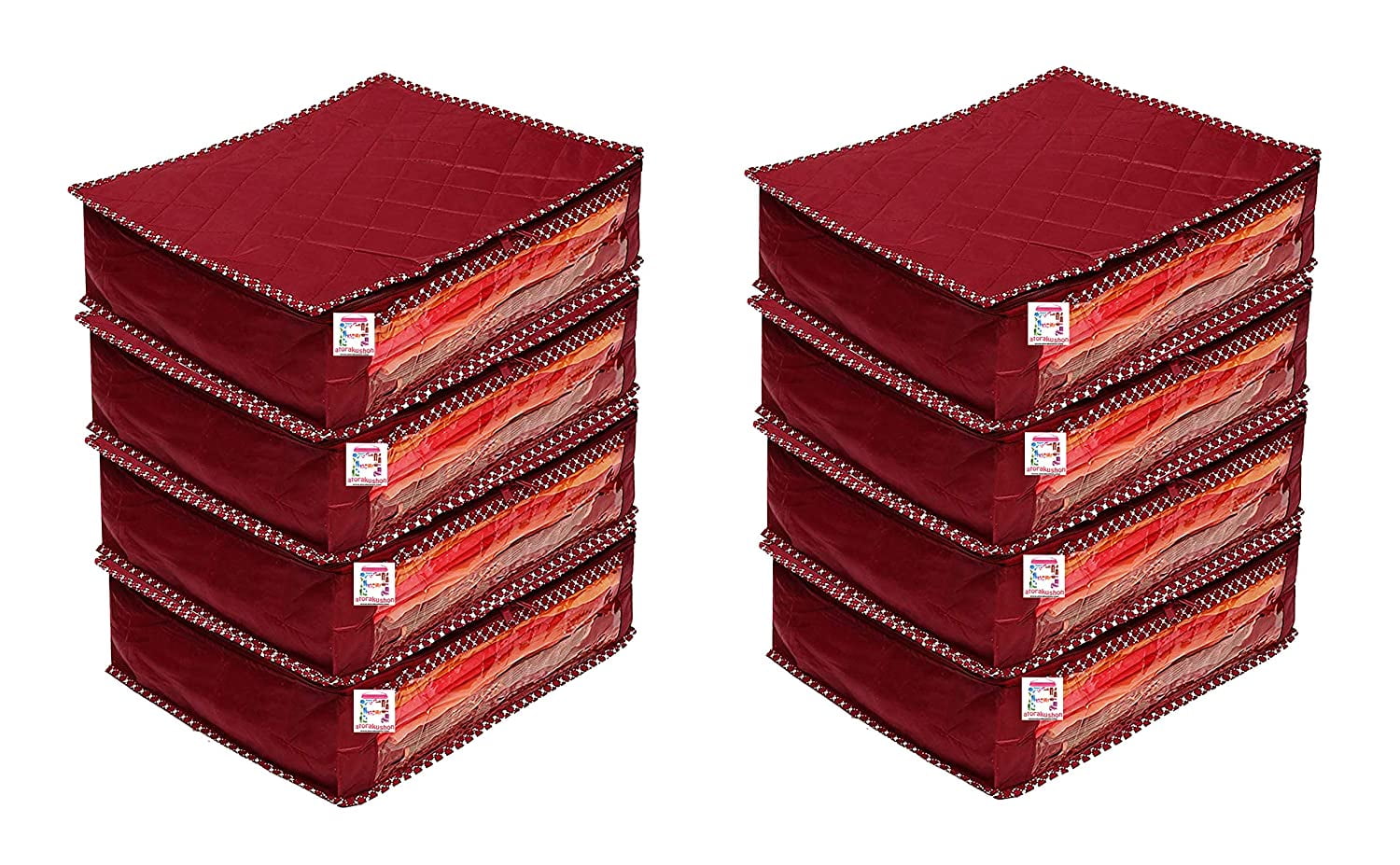 atorakushon parachute Fabric Foldable Saree Covers Garments Clothes Storage Bag With Double Zip Lock For Dress Wardrobe Accessories Pack of 8 Maroon