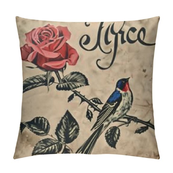 attoo Throw Pillow Cushion Case Pack Sparrow The Hope Bird with Rose and Ultimate Love Adoration, Modern Accent Double-Sided Digital Printing,Blue Pink and White