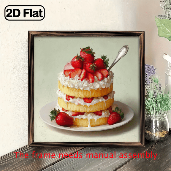 An attractive rustic vintage style wooden frame sign decoration, exquisite strawberry cake art wood framed decorative logo wall art, stylish and convenient wall decor painting, perfect for farmh