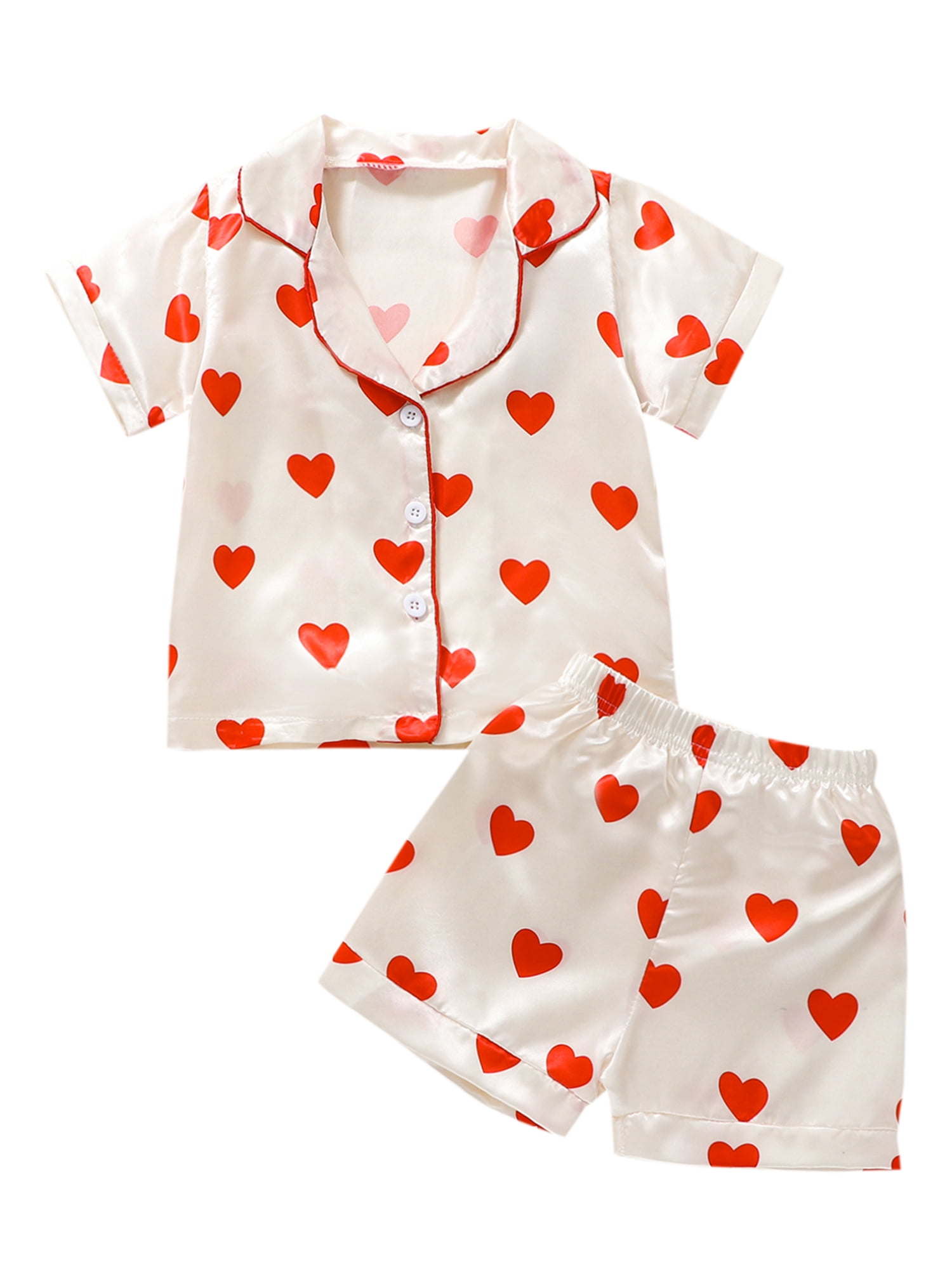 aturustex 1 2 3 4 5 6 7 Years Girls Summer Clothes Outfits Heart Print Turn-Down Collar Short Sleeve Tops and Elastic Waist Shorts 2Pcs Suit