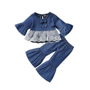 ATURUSTEX 12M 18M 24M 3T 4T 5T Toddler Baby Girls Clothes Sets Lace Splicing Long Flare Sleeve Tops Flare Pants Blue 2Pcs