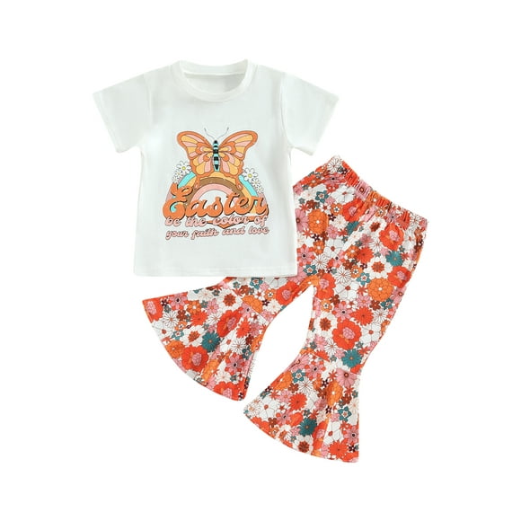 aturustex 1T 2T 3T 4T 5T 6T Toddler Baby Girl Summer Clothes Set Rainbow Short Sleeve T-shirt Tops Floral Flared Bottom Pants Little Kids Outfits 2Pcs