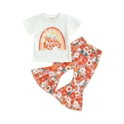 aturustex 1T 2T 3T 4T 5T 6T Toddler Baby Girl Summer Clothes Set Rainbow Short Sleeve T-shirt Tops Floral Flared Bottom Pants Little Kids Outfits 2Pcs