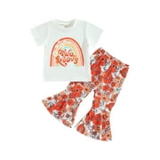aturustex 1T 2T 3T 4T 5T 6T Toddler Baby Girl Summer Clothes Set Rainbow Short Sleeve T-shirt Tops Floral Flared Bottom Pants Little Kids Outfits 2Pcs