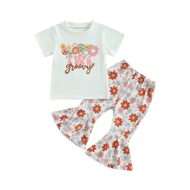 aturustex 1T 2T 3T 4T 5T 6T Toddler Baby Girl Summer Clothes Set Rainbow Short Sleeve T-shirt Tops Floral Flared Bottom Pants Little Kids Outfits 2Pcs