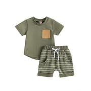 aturustex 2Pcs Toddler Boy Clothes Set 0M 6M 12M 18M 24M 3T 4T Summer Short Sleeve Crew T Shirt Tops with Striped Shorts Infant Boy Casual Outfits