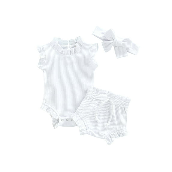 aturustex 3 Pcs Baby Casual Set Solid Color Sleeveless Romper + Elastic Waist Shorts + Bow Headband Summer
