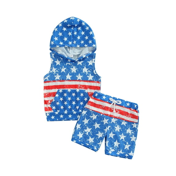aturustex 4th of July Toddler Baby Boy Outfit American Flag Hooded Vest Top Shorts 2Pcs Clothes Set Indepedence Day ( Blue,18 Months-6 years)