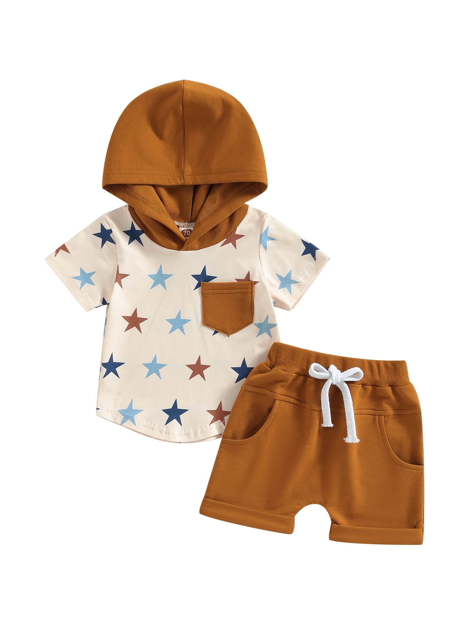 aturustex Baby Boys Shorts Set, Stars Hooded Tshirt + Elastic Waist