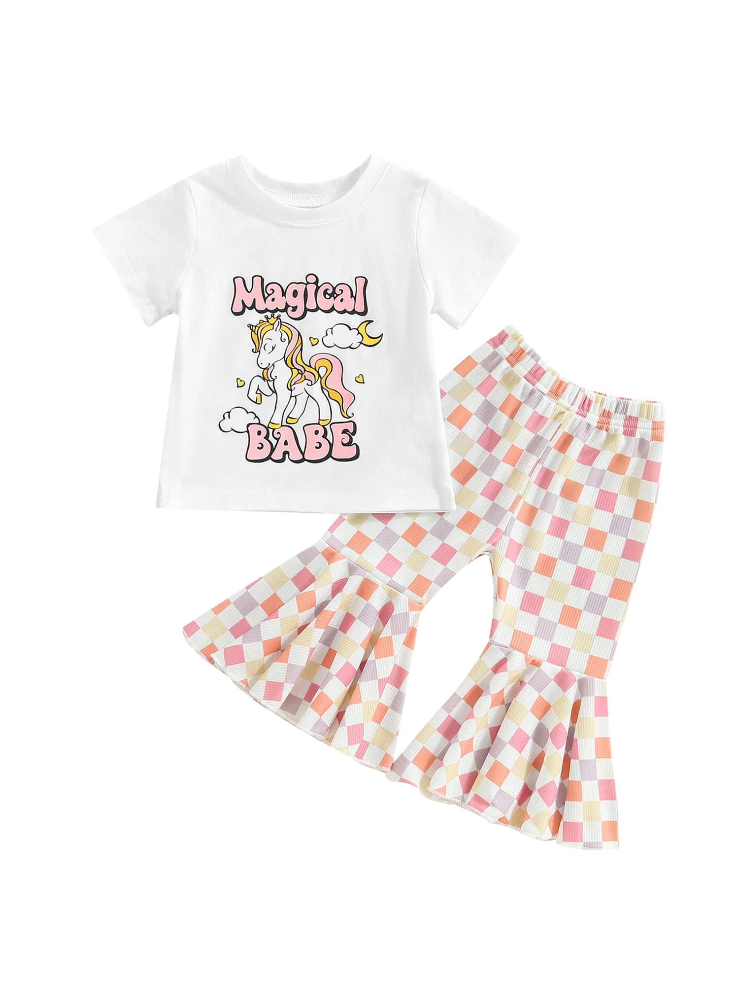 aturustex Baby Girls Pants Set, Horse Print Tshirt + Plaid Flare Pants