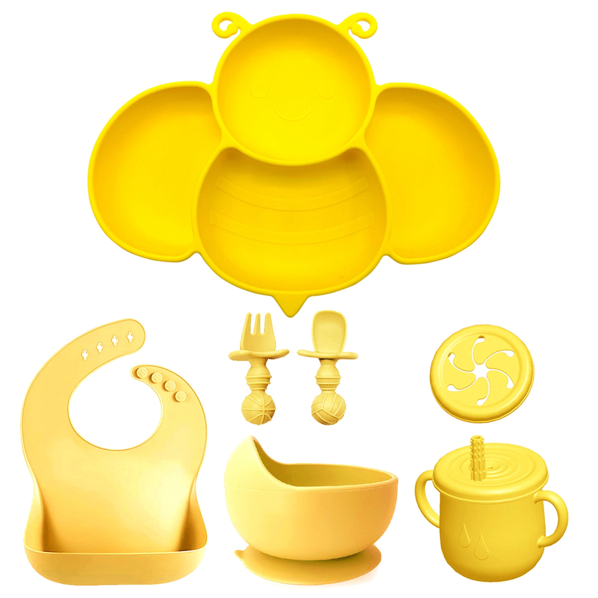aturustex Baby Led Weaning Set Bee Shaped Plate with Bibs, Spoon and