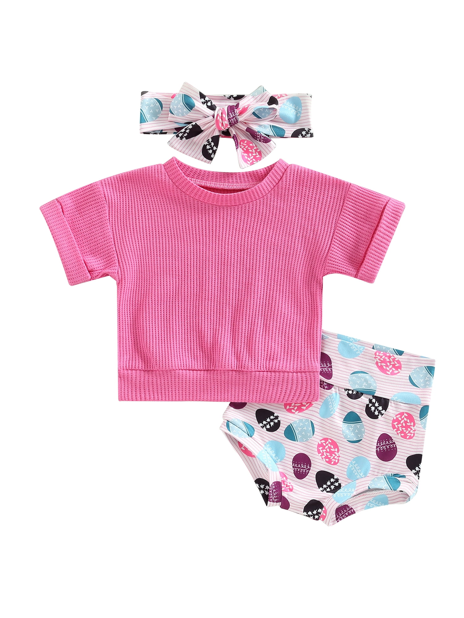 aturustex Easter Baby Girls Outfits Tshirt and Bunny Print Shorts Headband Set