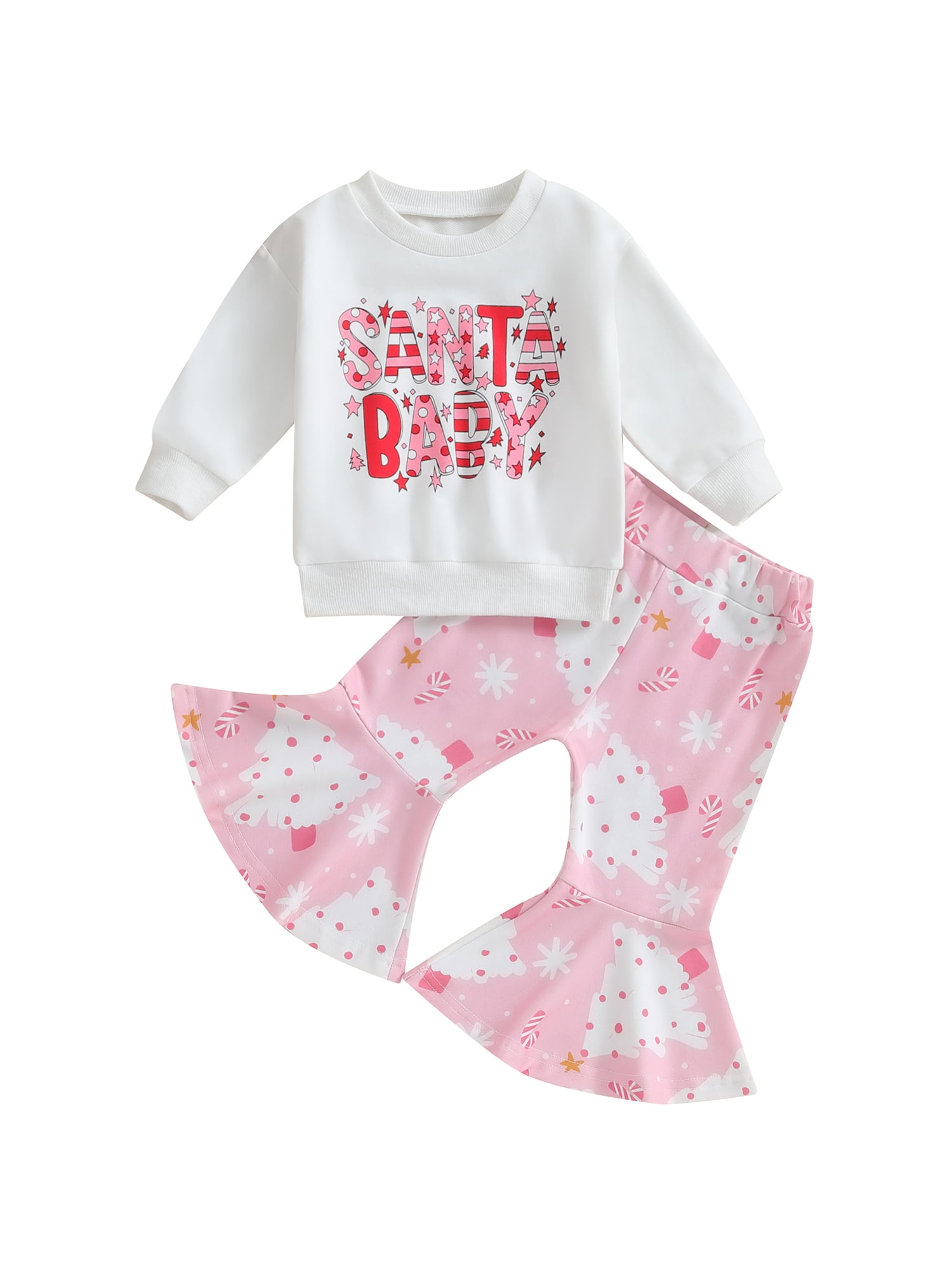aturustex Girls Christmas Pants Set Letters Sweatshirt Tree Print Flare