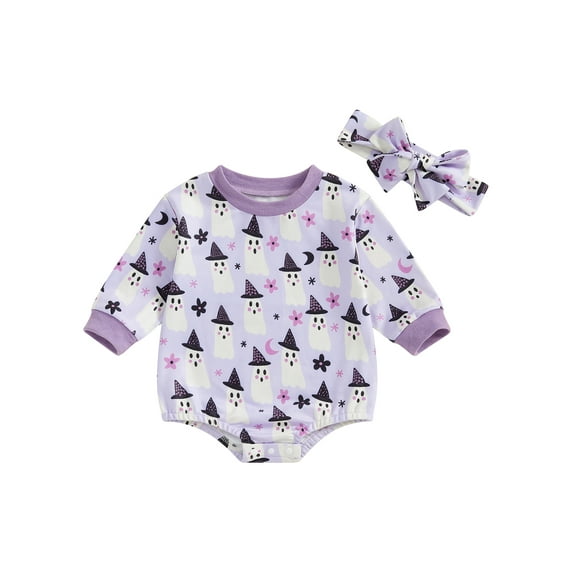 aturustex Halloween Clothes for Baby Girls Sweatshirt Romper Infant Ghost Print Long Sleeve Bodysuits Newborn Crew Neck Pullovers Jumpsuits for Kids Toddler Fashion Casual Daily Outfits