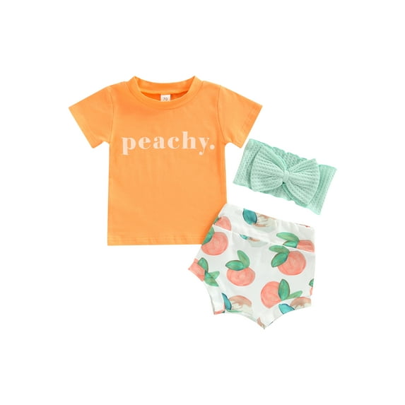 aturustex Infant Baby Girl Summer Outfits Letter Short Sleeve T-Shirt Tops Peach Print Shorts Bow Headband 3Pcs Sets