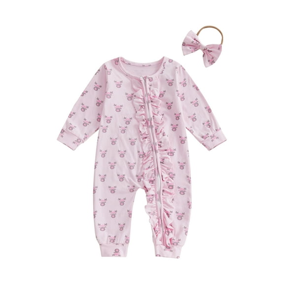aturustex Infant Baby Girls Christmas Outfits 0 3M 6M 12M 18M Toddler Long Sleeve Jumpsuit Crew Neck Rompers Elk Print Bodysuits and Headband Little Girl Fashion Loose Casual Soft Spring Fall Clothes