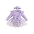 thumbnail image 1 of aturustex Infant Baby Girls One piece Romper Dress 1M 3M 6M 9M 12M Newborn Long Sleeve Crew Neck Jumpsuits Mesh Lace Patchwork Bodysuits and Cute Headr Little Girl Loose Casual Daily Clothes, 1 of 7