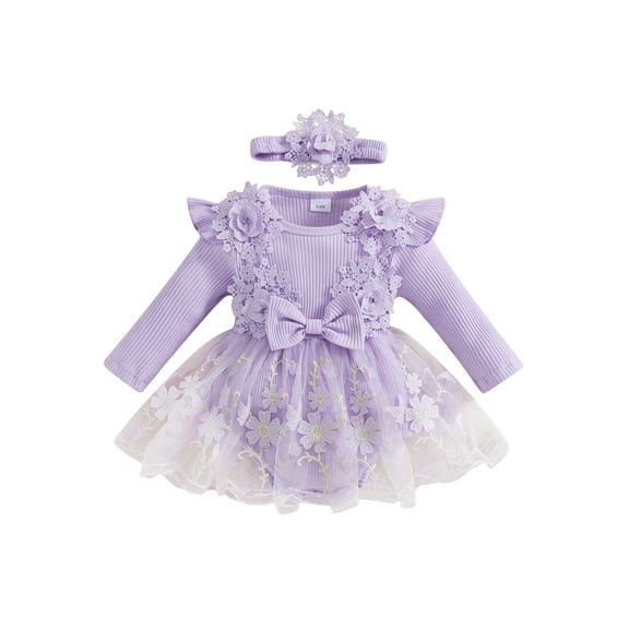 aturustex Infant Baby Girls One piece Romper Dress 1M 3M 6M 9M 12M Newborn Long Sleeve Crew Neck Jumpsuits Mesh Lace Patchwork Bodysuits and Cute Headr Little Girl Loose Casual Daily Clothes