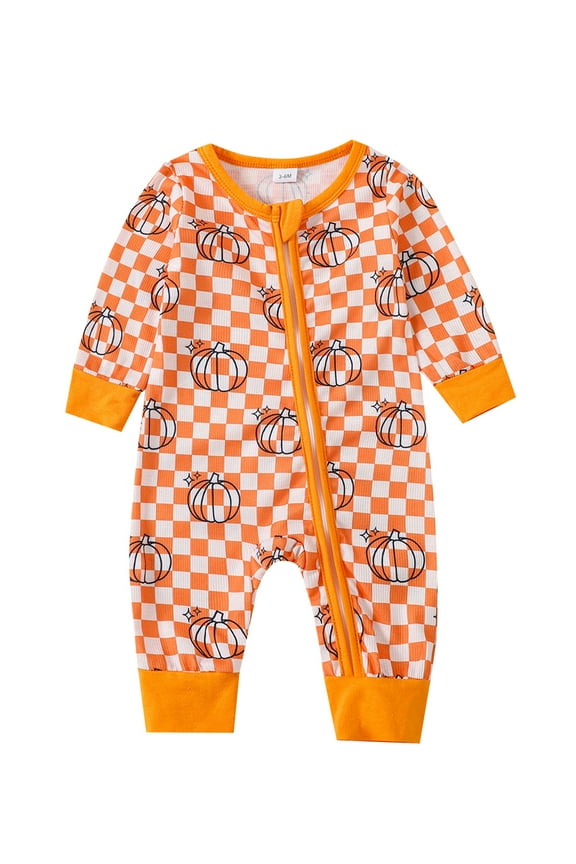 Infant Girl Boy Halloween One-piece Rompers Pumpkin Print Long Sleeve Bodysuits Newborn Full Length Zipper Jumpsuits Toddler Crew Neck Daily Fall Clothes for Baby