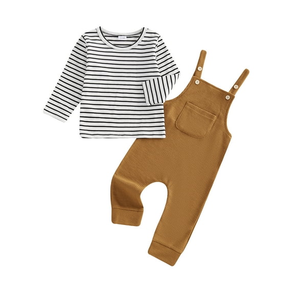 aturustex Little Boys 2-piece Classic Pants Outfit 12M 18M 2T 3T 4T 5T Toddler Long Sleeve Striped T-Shirts Crew Neck Shirts Tops with Suspender Pantssual Daily Comfy Spring Fall Clothes Set