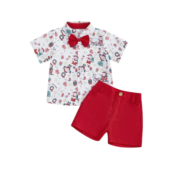 aturustex Little Boys Christmas Gentleman Outfits 6M 12M 18M 2T 3T 4T Toddler Santa Print Short Sleeve Shirts Bowtie Lapel Button Tops and Solid Short Daily Clothes Set Formal Wear for Party