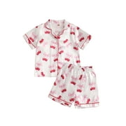 ATURUSTEX Little Girl 2Pcs Satin Pajama Outfits 3T-7T Toddler Bow Berry Print Loungewear Short Sleeve Shirts Lapel Button-up T-shirts Tops Elastic Waimmer Nightwear Clothes for Holiday Party