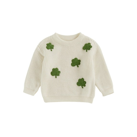 aturustex Little Girl Irish Thick Cozy Sweater 3M-4T Toddler Baby Long Sleeve Knitted Pullovers Clover Embroidery Knit Sweatshirts Crew Neck Cable Knise Casual Warm Clothes Spring Fall Daily