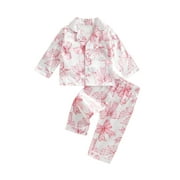 ATURUSTEX Little Girl Satin Pajamas Outfits 12M 18M 2T 3T 4T 5T Toddler Baby Bow Print Loungewear Long Sleeve Shirts Lapel Button Down T-Shirt Tops wi Daily Sleepwear Spring Fall Pjs Clothes