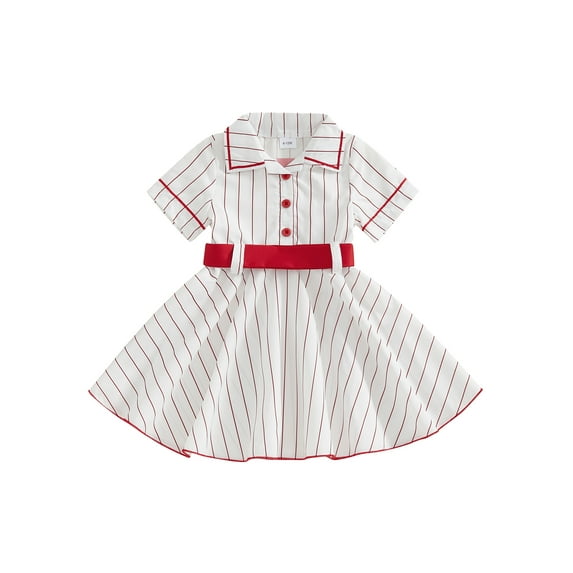 aturustex Little Girl’s Baseball A-Line Dress 6M 12M 18M 2T 3T 4T Toddler Baby Fly Sleeve Shirt Dress Classic Striped Print Button Fairy Dress Lapeloose Cute Party Dress Outfit for Holiday