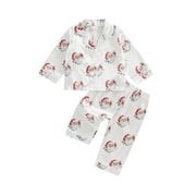 ATURUSTEX Little Girls 2PCS Christmas Pajama Outfits 12M 18M 2T 3T 4T 5T Toddler Baby Santa Claus Print Loungewear Long Sleeve Shirt Lapel Button Topsshion Loose Casual Daily Satin Nightwear