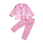 ATURUSTEX Little Girls 2Pcs Satin Pajama Outfits 4T-12T Toddler Baby Heart Print Loungewear Long Sleeve T-shirts Lapel Neck Button-up Shirts Tops + Elleepwear Spring Fall Clothes for Holiday