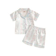 ATURUSTEX Little Girls 2Pcs Satin Pajamas Outfits 1T-5T Toddler Baby Bow Print Loungewear Short Sleeve Shirts Button Down T-shirt V Neck Tops and Elasal Cute Summer Clothes Set for Sleepwear