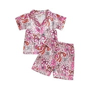 ATURUSTEX Little Girls 2Pcs Satin Pajamas Outfits 1T-6T Toddler Baby Bow Star Pattern Loungewear Short Sleeve Shirts Button Down T-shirt V Neck Tops aal Cute Summer Clothes Set for Sleepwear