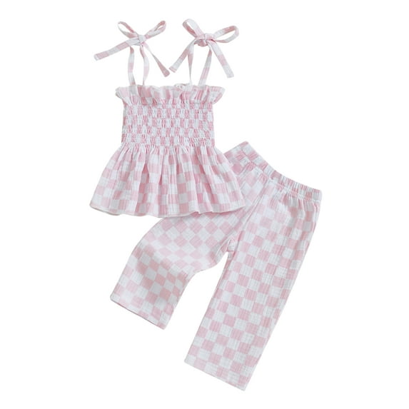 aturustex Little Girls Checkered Pant Outfits 6M 9M 12M 18M 2T 3T 4T 5T Toddler Baby Tie Shoulder Shirred Vests Sleeveless Camisoles Babydoll Tops RufFashion Classic 2 Pcs Summer Clothes Set