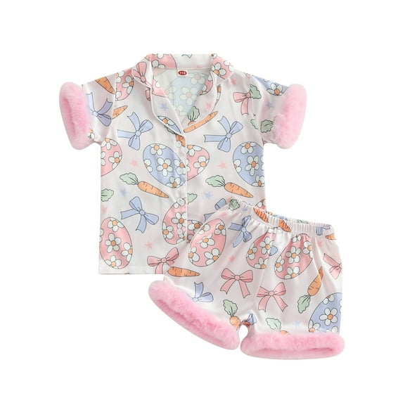 aturustex Little Girls Easter Satin Pajamas Outfits 6M-10T Toddler Baby Easter Eggs Carrot Print Lounge Wear Short Sleeve Shirt Lapel Button Down TopsCute Casual Summer Sleepwear Clothes Set