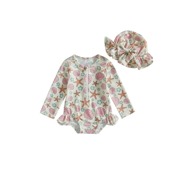 aturustex Little Girls Rash Guard Swimsuit with Hat Toddler 2Pcs Set 6M 12M 18M 2T 3T 4T Infant Long Sleeve Bodysuits Swimwears Shell Starfish PatternBeachwear for Swim Pool Holiday Swimming