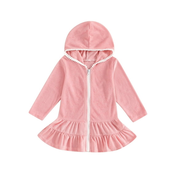 aturustex Little Girls Zip-Up Robe Towel Beachwear 1T-8T Toddler Baby Solid Basic Swim Coverups Hoodies Long Sleeve Wearable Blanket Hooded Beach Dresmwear for Summer Holiday Party Swim Pool
