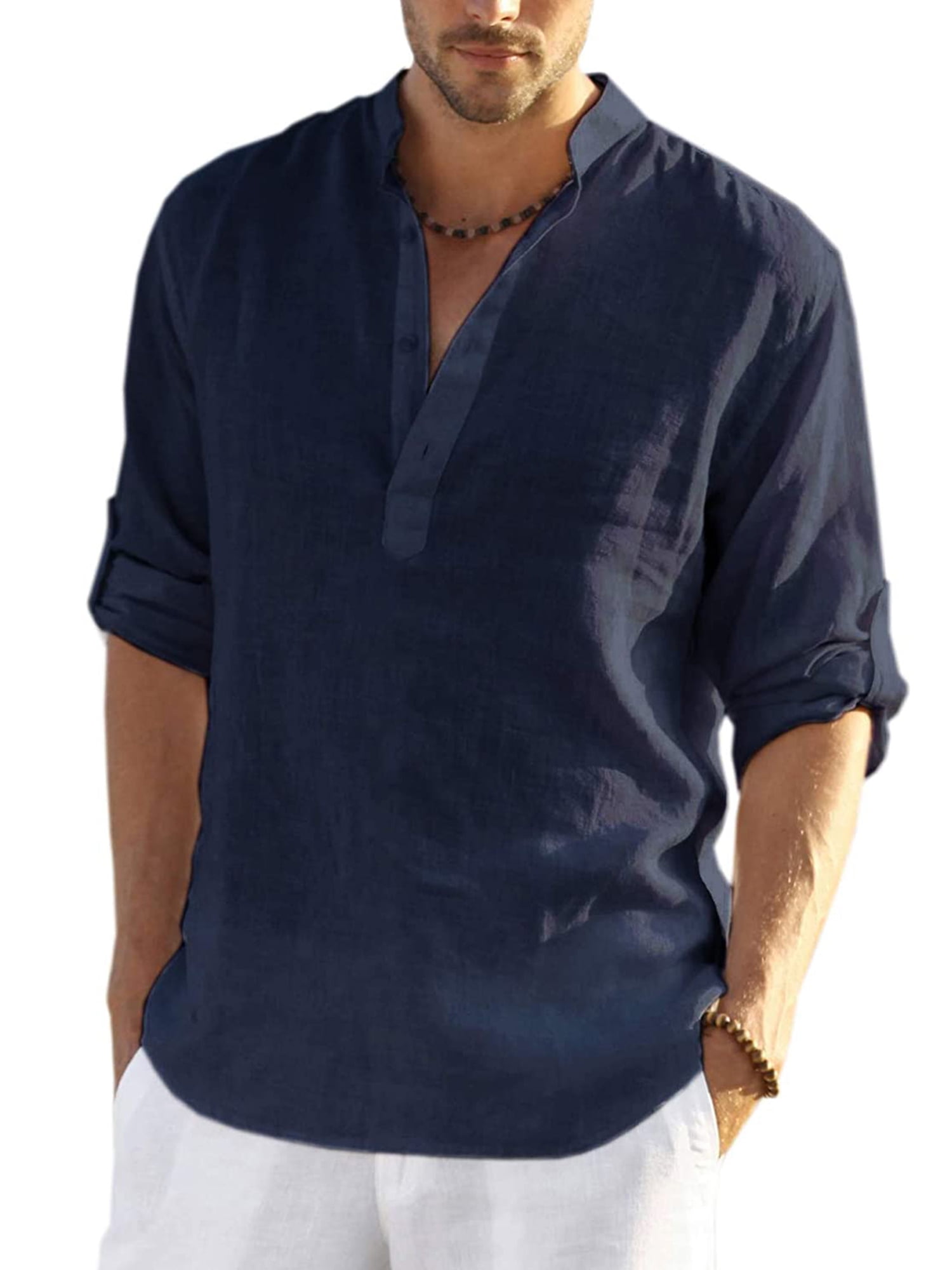 aturustex Men Shirt Top Cotton Linen Henley Long Sleeve Casual Beach ...