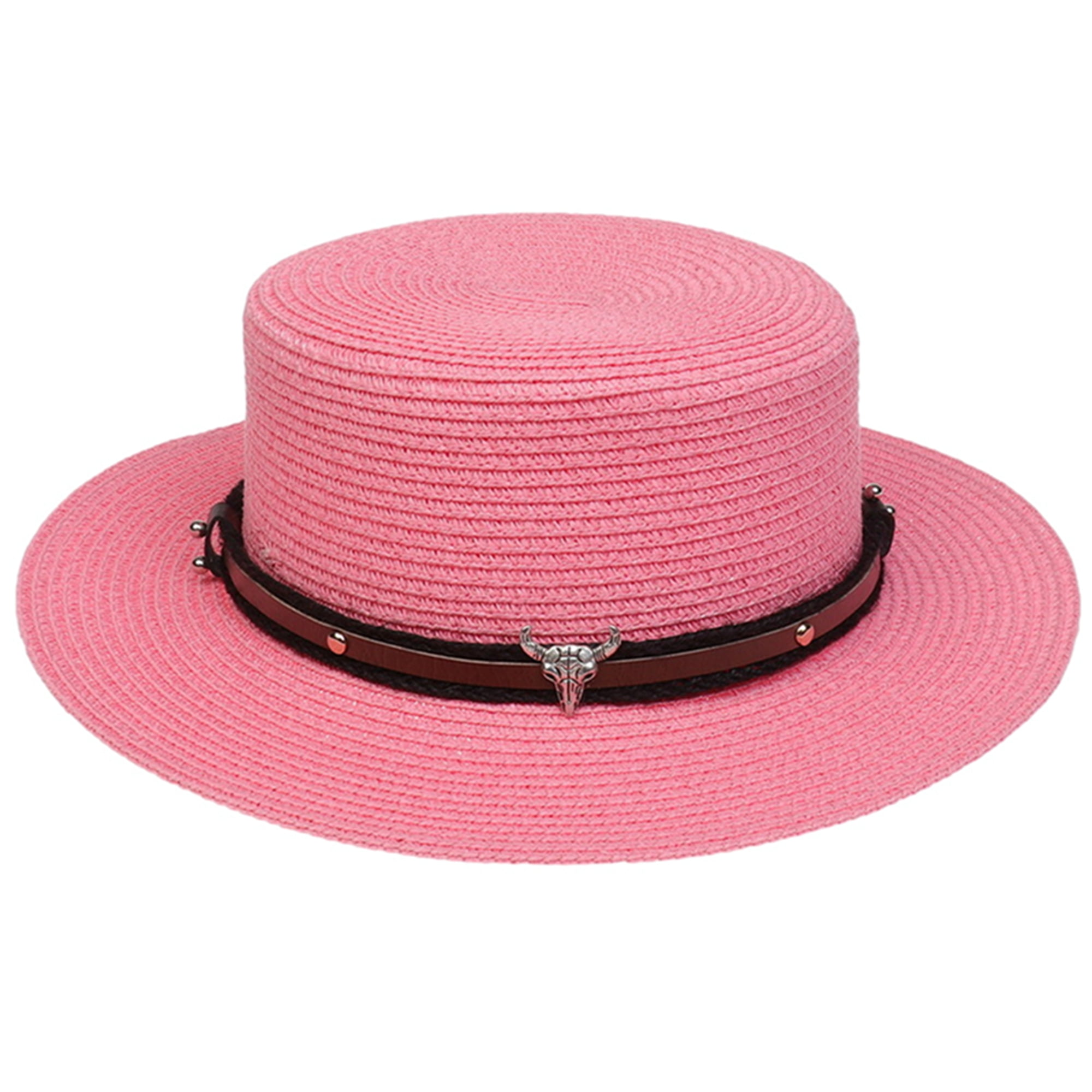 aturustex Men Women Straw Fedora Hat Flat Top Jazz Panama Hat with Bull