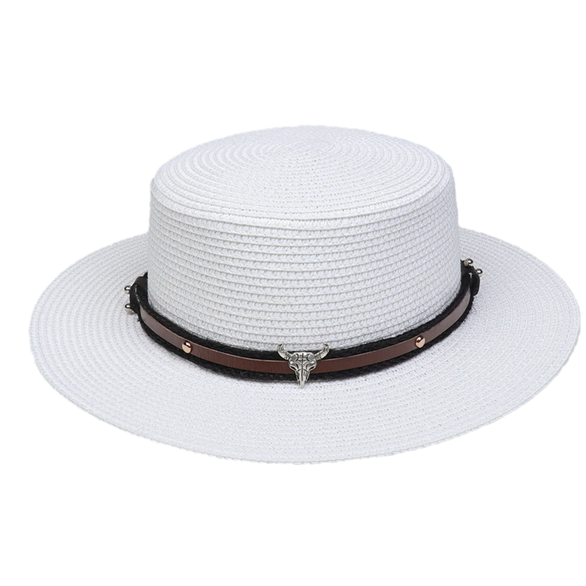 aturustex Men Women Straw Fedora Hat Flat Top Jazz Panama Hat with Bull